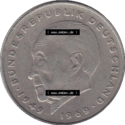 BRD Münzen 2 DM, Gedenkmünze in PNG 1969-1987, 2 DM, Deutsche Mark Konrad Adenauer 1976 Münzzeichen Mzz Stuttgart F-1. Rückseite mit Wert-Zahl von 2 Deutsche... Sammlung