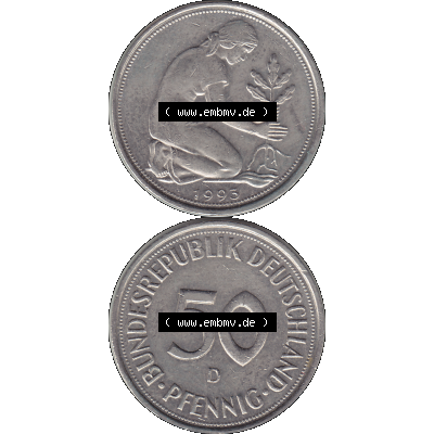 BRD Münzen 50 Pf. Umlaufmünze in PNG 1950-2001, 50 Pfennig BRD Deutschland 1993 München D-1. Transparente Vorderseite und Rückseite der Münze vertikal untereinander... Sammlung