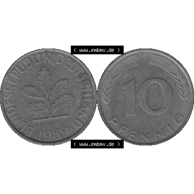 BRD Münzen 10 Pf. Umlaufmünze in PNG 1950-2001, 10 Pfennig 1989 J-01 Graustufen. Graustufen Bild aus zwei Bildern vom Scanner mit Vorderseite und Rückseite mit Wert-Zahl... Sammlung