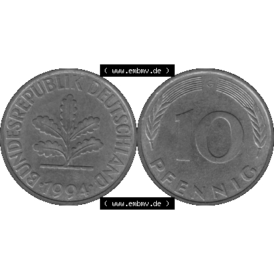 BRD Münzen 10 Pf. Umlaufmünze in PNG 1950-2001, 10 Pfennig 1994 G-01 Graustufen. Graustufen-Bild vom Scanner aus farbigen Bild mit Vorderseite und Rückseite mit Wert-Zahl... Sammlung