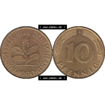 BRD Münzen 10 Pf. Umlaufmünze in PNG 1990-2001, 10 Pfennig 1990 A-01. Vorderseite und Rückseite mit Wert-Zahl auf einen Bild / Foto der digitalisierten 10 Pfennig... Sammlung