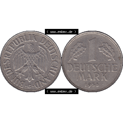 BRD Münzen 1 DM, Umlaufmünze 1950-2001, 1 / Eine DM - Eine Deutsche Mark, 1958 G-1. Münzen-Rückseite und Münzen-Vorderseite als transparente PNG-Grafik... Sammlung
