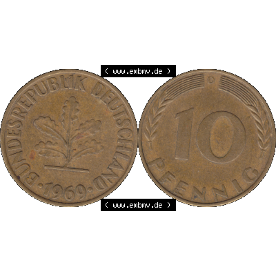 BRD Münzen 10 Pf. Umlaufmünze in PNG 1950-2001, 10 Pfennig 1969 D-01. Vorderseite und Rückseite mit Wert-Zahl auf einen Bild / Foto der digitalisierten 10 Pfennig... Sammlung