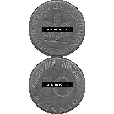 BRD Münzen 10 Pf. Umlaufmünze in PNG 1950-2001, 10 Pfennig 1991 D-10 Graustufen. Graustufen-Bild erstellt aus Farbigen Bild mit Vorderseite und Rückseite auf einen Bild... Sammlung