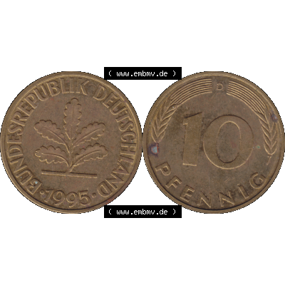 BRD Münzen 10 Pf. Umlaufmünze in PNG 1950-2001, 10 Pfennig 1995 D-12. Vorderseite und Rückseite mit Wert-Zahl auf einen Bild / Foto der digitalisierten 10 Pfennig... Sammlung
