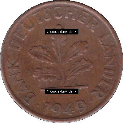 BRD Münzen 1 Pfennig Umlaufmünze in Farbigen PNG 1948-1949, 1 Pfennig 1949, 1950er Jahre Karlsruhe "G"-01. 1 Pfennig Münze der BRD, Vorderseite der digitalisierte... Sammlung