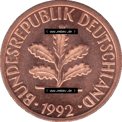 BRD Münzen 1 Pfennig Umlaufmünze in PNG 1950-2001, 1 Pfennig 1992, 1990er Jahre Stuttgart F-01. Vorderseite der digitalisierte 1 Pfennig F, mit Mzz. F für... Sammlung