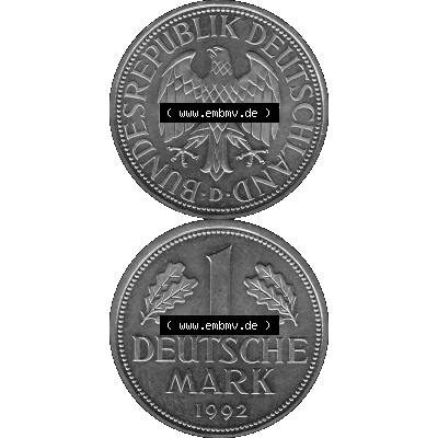 BRD Deutschland Münzen 1 / Eine DM / Eine Deutsche Mark in Graustufen PNG 1950-2001, 1 DM Deutsche Mark, 1992 Münzzeichen für München Mzz. D-02 Graustufen.... Sammlung