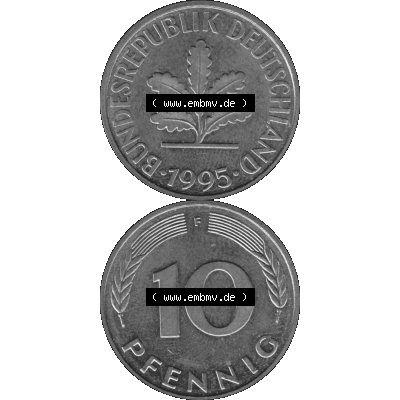 BRD Münzen 10 Pf. Umlaufmünze in PNG 1950-2001, 10 Pfennig 1995 F-04 Graustufen. Graues-Bild aus farbigen Bild erstellt mit Vorderseite und Rückseite auf einen Bild /... Sammlung