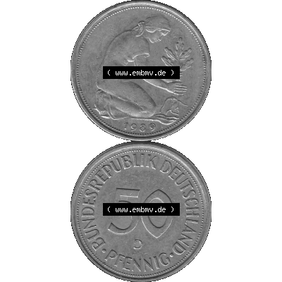BRD Münzen Deutschland D 50 Pf. Umlaufmünze in Graustufen PNG 1950-2001, 50 Pfennig 1989 Münzzeichen "D" für München - "D"-01 Graustufen.... Sammlung