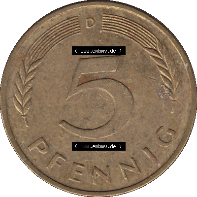 BRD Münzen 5 Pf., Umlaufmünze 1950-2001, 5 Pfennig Deutschland der BRD, 1990 Münzstätte München Mzz. D-01. Rückseite mit Wert-Zahl der... Sammlung