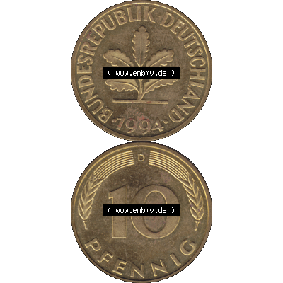 BRD Münzen 10 Pf. Umlaufmünze in PNG 1950-2001, 10 Pfennig 1994 D-02. Vorderseite und Rückseite auf einen Bild / Foto vertikal untereinander zusammengefügt,... Sammlung