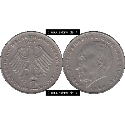 BRD Münzen 2 DM, Gedenkmünze in PNG 1969-1987, 2 DM, Deutsche Mark Konrad Adenauer 1974 Münzzeichen Mzz Stuttgart F-1. Vorderseite und Rückseite mit Deutschen... Sammlung