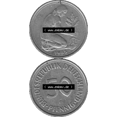 BRD Münzen Deutschland F 50 Pf. Umlaufmünze in Graustufen PNG 1950-2001, 50 Pfennig 1985 Münzzeichen "F" für Stuttgart - "F"-01 Graustufen. PNG... Sammlung