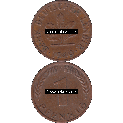 BRD Münzen 1 Pfennig Umlaufmünze in PNG 1948-1949, 1 Pfennig 1949, 1950er Jahre Stuttgart F-01. Hier befindet sich eine PNG-Grafik einer 1 / Ein Pfennig Münze Stuttgart... Sammlung