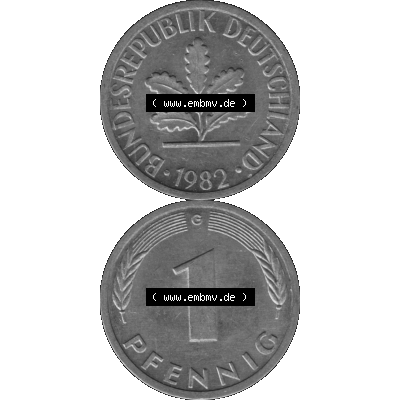 BRD Münzen 1 Pfennig BRD-Deutschland Umlaufmünze in Graustufen PNG 1950-2001, 1 Pfennig 1982, 1980er Jahre Münzstätte Karlsruhe G-01. Graustufen-Bild erstellt aus... Sammlung