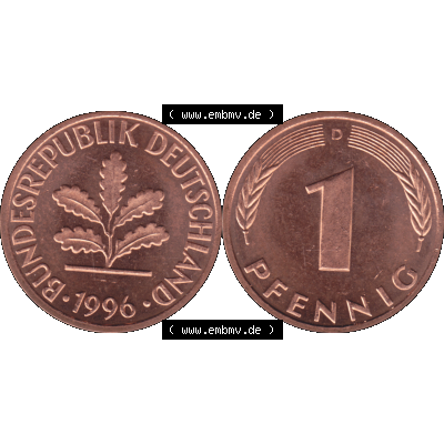 BRD Münzen in PNG 1950-2001, 1 Pfennig der BRD Deutschland 1996, 1990er Jahre Münzzeichen München D-01. Die PNG-Grafik zeigt eine 1 Pfennig Münze der Bundesrepublik... Sammlung