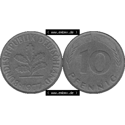 BRD Münzen 10 Pf. Umlaufmünze in PNG 1950-2001, 10 Pfennig 1977 D-01 Graustufen. Graustufen-Bilder der Vorderseite und Rückseite mit Wert-Zahl auf einen Bild / Foto... Sammlung