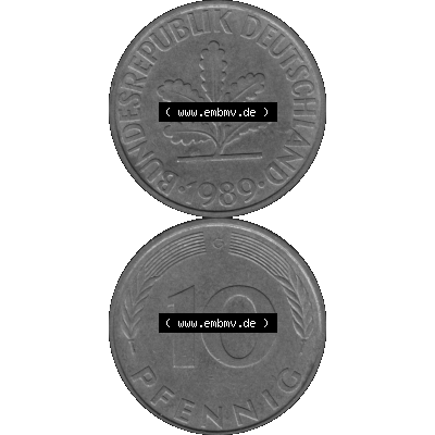 BRD Münzen 10 Pf. Umlaufmünze in PNG 1950-2001, 10 Pfennig 1989 G-01 Graustufen. Graustufen PNG-Bild, erstellt aus farbigen Vorlagen-Bild mit Vorderseite und Rückseite... Sammlung