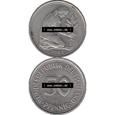 BRD Münzen 50 Pf. Umlaufmünze in PNG 1950-2001, 50 Pfennig BRD Deutschland 1981 "J"-01. PNG Computer-Grafik einer digitalisierten 50 Pfennig / Fünfzig Pfennige... Sammlung