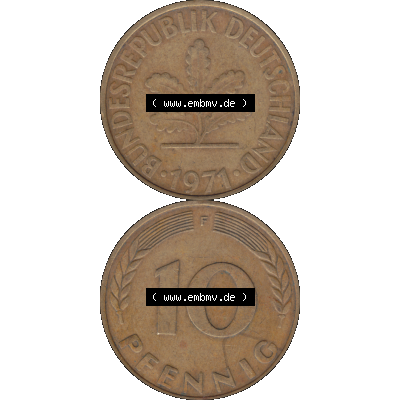 BRD Münzen 10 Pf. Umlaufmünze in PNG 1950-2001, 10 Pfennig 1971 F-01. Vorderseite und Rückseite auf einen Bild / Foto vertikal untereinander zusammengefügt,... Sammlung
