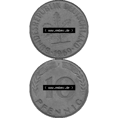 BRD Münzen 10 Pf. Umlaufmünze in PNG 1950-2001, 10 Pfennig 1969 F-01 Graustufen. Graues-Bild aus farbigen Bild erstellt mit Vorderseite und Rückseite auf einen Bild /... Sammlung