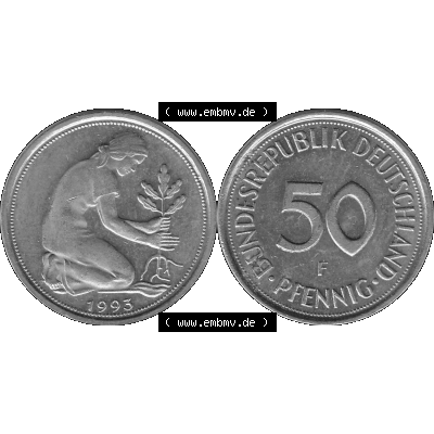 BRD Münzen Deutschland F 50 Pf. Umlaufmünze in Graustufen PNG 1950-2001, 50 Pfennig 1993 Münzzeichen "F" für Stuttgart - "F"-01 Graustufen. PNG... Sammlung