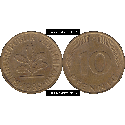 BRD Münzen 10 Pf. Umlaufmünze in PNG 1950-2001, 10 Pfennig 1989 G-01. Vorderseite und Rückseite mit Wert-Zahl auf einen Bild / Foto der digitalisierten 10 Pfennig... Sammlung