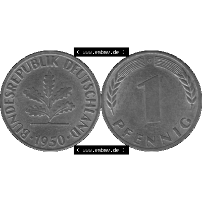 BRD Münzen 1 Pfennig BRD-Deutschland Umlaufmünze in Graustufen PNG 1950-2001, 1 Pfennig 1950, 1950er Jahre Münzstätte Karlsruhe G-01. Graustufen-Bilder der Vorderseite... Sammlung