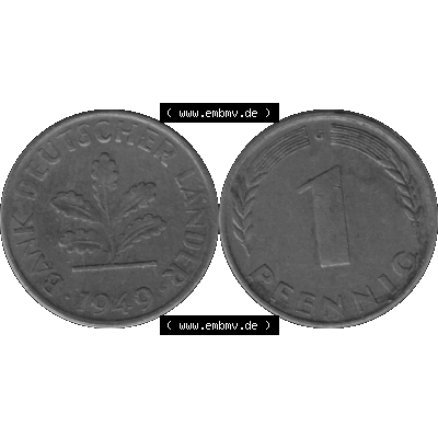 BRD Münzen 1 Pfennig BRD-Deutschland Umlaufmünze in Graustufen PNG 1948-1949, 1 Pfennig 1949, 1950er Jahre Münzstätte Karlsruhe G-01. Graustufen-Bilder der Vorderseite... Sammlung