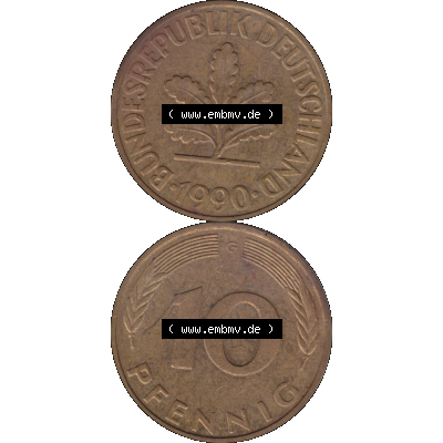 BRD Münzen 10 Pf. Umlaufmünze in PNG 1950-2001, 10 Pfennig 1990 G-01. Vorderseite und Rückseite auf einen Bild / Foto vertikal untereinander zusammengefügt,... Sammlung