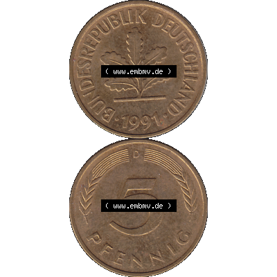 BRD Münzen 5 Pf., Umlaufmünze 1950-2001, 5 Pfennig Deutschland der BRD, 1991 Münzstätte München Mzz. D-01. Vorderseite und Rückseite... Sammlung