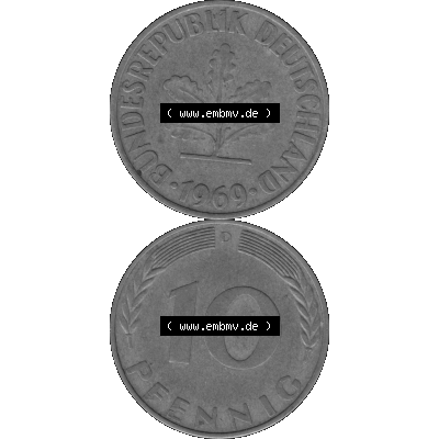 BRD Münzen 10 Pf. Umlaufmünze in PNG 1950-2001, 10 Pfennig 1969 D-01 Graustufen. Graustufen-Bild erstellt aus Farbigen Bild mit Vorderseite und Rückseite auf einen Bild... Sammlung