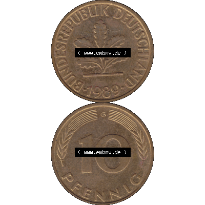 BRD Münzen 10 Pf. Umlaufmünze in PNG 1950-2001, 10 Pfennig 1989 G-10. Vorderseite und Rückseite auf einen Bild / Foto vertikal untereinander zusammengefügt,... Sammlung