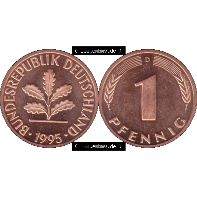 BRD Münzen in PNG 1950-2001, 1 Pfennig der BRD Deutschland 1995, 1990er Jahre Münzzeichen München D-01. Die PNG-Grafik zeigt eine 1 Pfennig Münze der Bundesrepublik... Sammlung