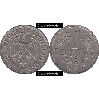BRD Münzen 1 DM, Umlaufmünze 1950-2001, BRD Deutschland 1 / Eine DM - 1 Eine Deutsche Mark, 1967 Münzzeichen Hamburg Mzz J-1. Münzen-Rückseite und... Sammlung