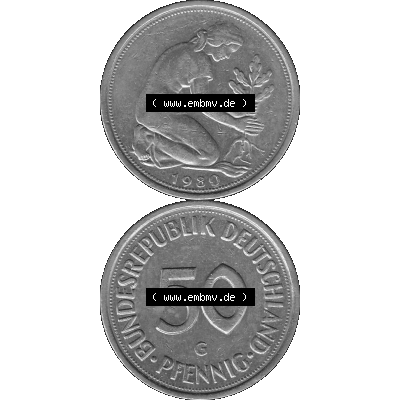 BRD Münzen Deutschland G 50 Pf. Umlaufmünze in Graustufen PNG 1950-2001, 50 Pfennig 1980 Münzzeichen "G" für Karlsruhe - "G"-01 Graustufen. PNG... Sammlung