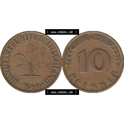 BRD Münzen 10 Pf. Umlaufmünze in PNG 1950-2001, 10 Pfennig 1966 G-01. Vorderseite und Rückseite mit Wert-Zahl auf einen Bild / Foto der digitalisierten 10 Pfennig... Sammlung