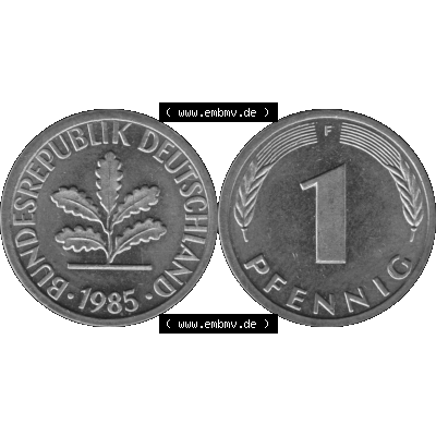 BRD Münzen 1 Pfennig Umlaufmünze in Graustufen PNG 1950-2001, 1 Pfennig 1985, 1980er Jahre Mzz. F-01. Graustufen-Bild aus Farbigen Bilder mit Vorderseite und Rückseite... Sammlung