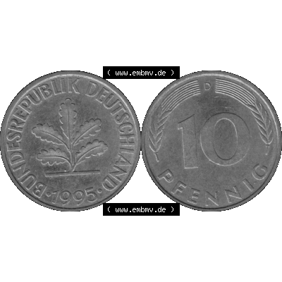 BRD Münzen 10 Pf. Umlaufmünze in PNG 1950-2001, 10 Pfennig 1995 D-03 Graustufen. Graustufen-Bilder der Vorderseite und Rückseite mit Wert-Zahl auf einen Bild / Foto... Sammlung