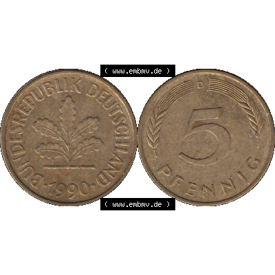 BRD Münzen 5 Pf., Umlaufmünze 1950-2001, 5 Pfennig Deutschland der BRD, 1990 Münzstätte München Mzz. D-01. Vorderseite und Rückseite... Sammlung