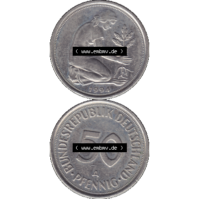 BRD Münzen 50 Pf. Umlaufmünze in PNG 1990-2001, 50 Pfennig BRD Deutschland 1994 Mzz. Berlin A-1. Transparente Vorderseite und Rückseite der Münze vertikal... Sammlung