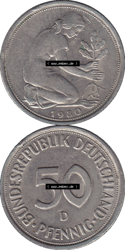 PNG 1950-2001, 50 Pfennig BRD Deutschland 1980 Mzz. München "D" Sammlung