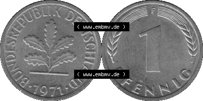 1 Pfennig Umlaufmünze in Graustufen PNG 1950-2001, 1 Pfennig 1971, 1970er Jahre Mzz. F Sammlung