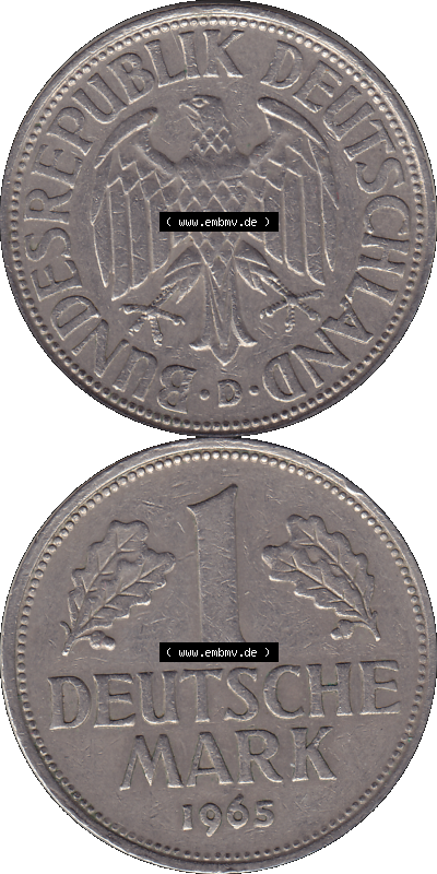 BRD Münzen 1 DM, Umlaufmünze 1950-2001, 1 / Eine DM - Eine Deutsche Mark, 1965 D-1. Münzen-Rückseite und Münzen-Vorderseite... Sammlung