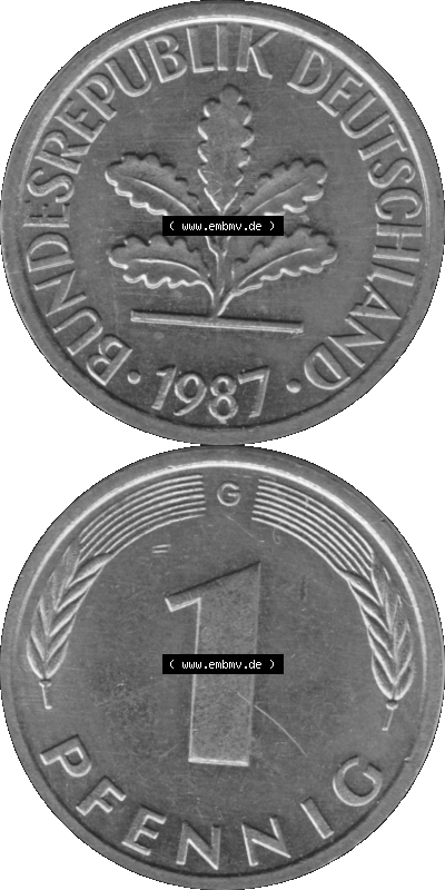 1 Pfennig BRD-Deutschland Umlaufmünze in Graustufen PNG 1950-2001, 1 Pfennig 1987, 1980er Jahre Münzstätte Karlsruhe G-01 Sammlung