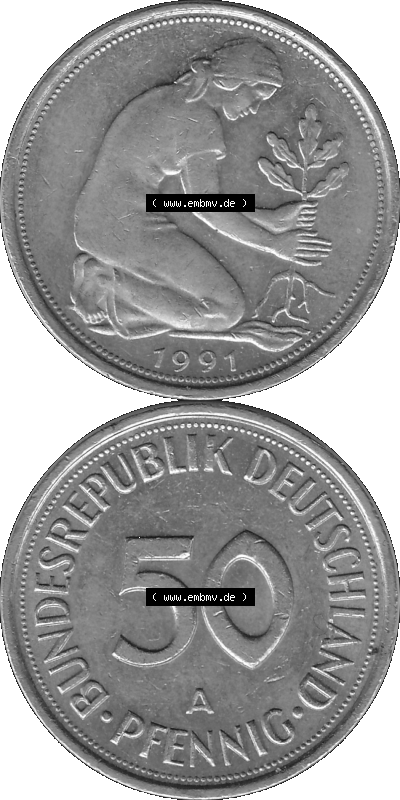 BRD Münzen Deutschland A 50 Pf. Umlaufmünze in Graustufen PNG 1990-2001, 50 Pfennig 1991 Münzzeichen "A" für Berlin - "A" Sammlung