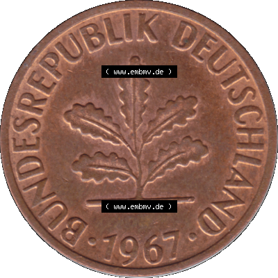 1 Pfennig Umlaufmünze in PNG 1950-2001, 1 Pfennig 1967, 1960er Jahre Stuttgart F, 1 / Ein - Pfennig BRD F, mit Mzz. F für Münzstätte... Sammlung