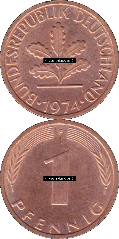 1 Pfennig Umlaufmünze in PNG 1950-2001, 1 Pfennig 1974, 1970er Jahre Stuttgart F, 1 / Ein Pfennig Münze Stuttgart Mzz. F Sammlung