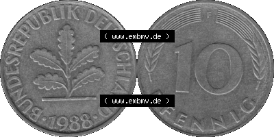 BRD Münzen 10 Pf. Umlaufmünze in PNG 1950-2001, 10 Pfennig 1988 F-01 Graustufen. Graustufen-Bild aus Farbigen Bilder mit Vorderseite... Sammlung